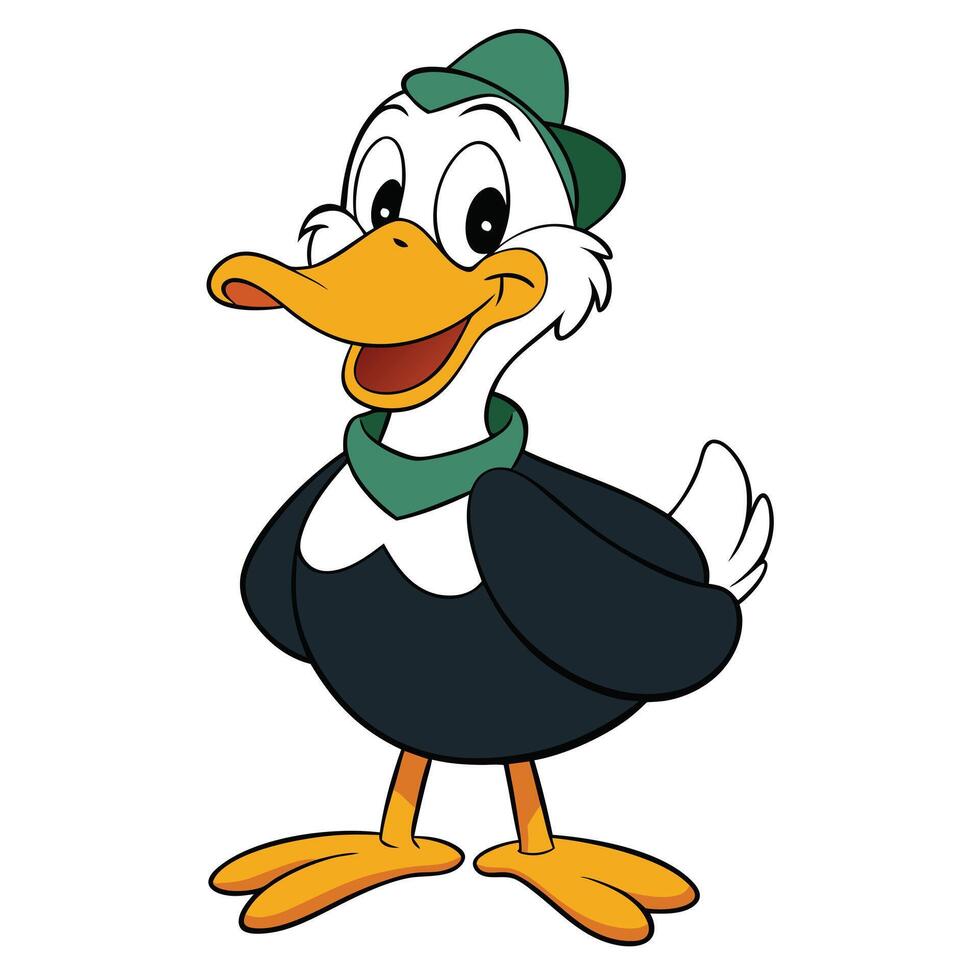 Cheerful cartoon duck character with hat and scarf illustration vector