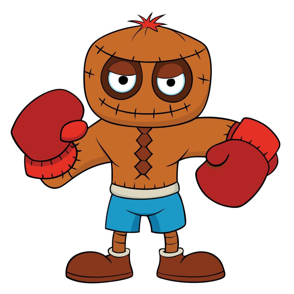 Cartoon voodoo doll boxer with red boxing gloves ready to fight vector