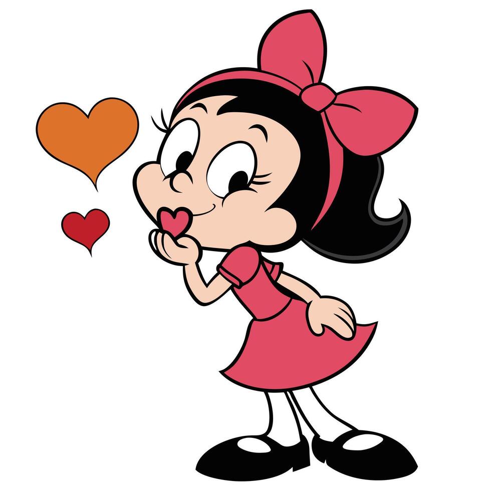 Cartoon girl blowing a kiss sending love with hearts illustration vector