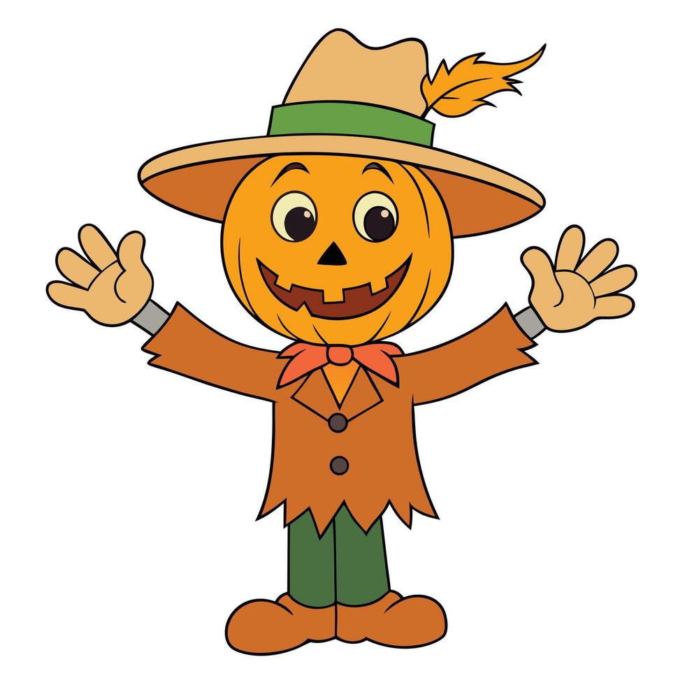 Cheerful cartoon scarecrow with pumpkin head ready for halloween vector