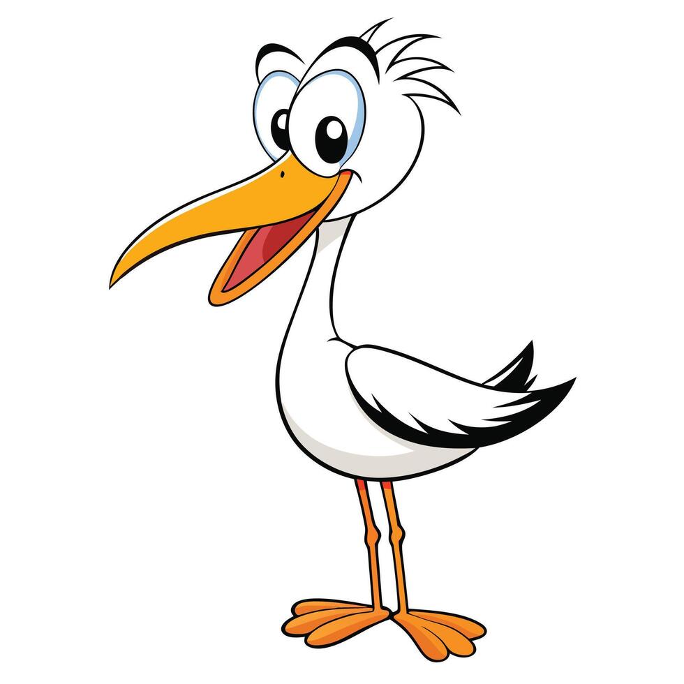 Cute cartoon stork bird with big eyes and orange beak standing vector
