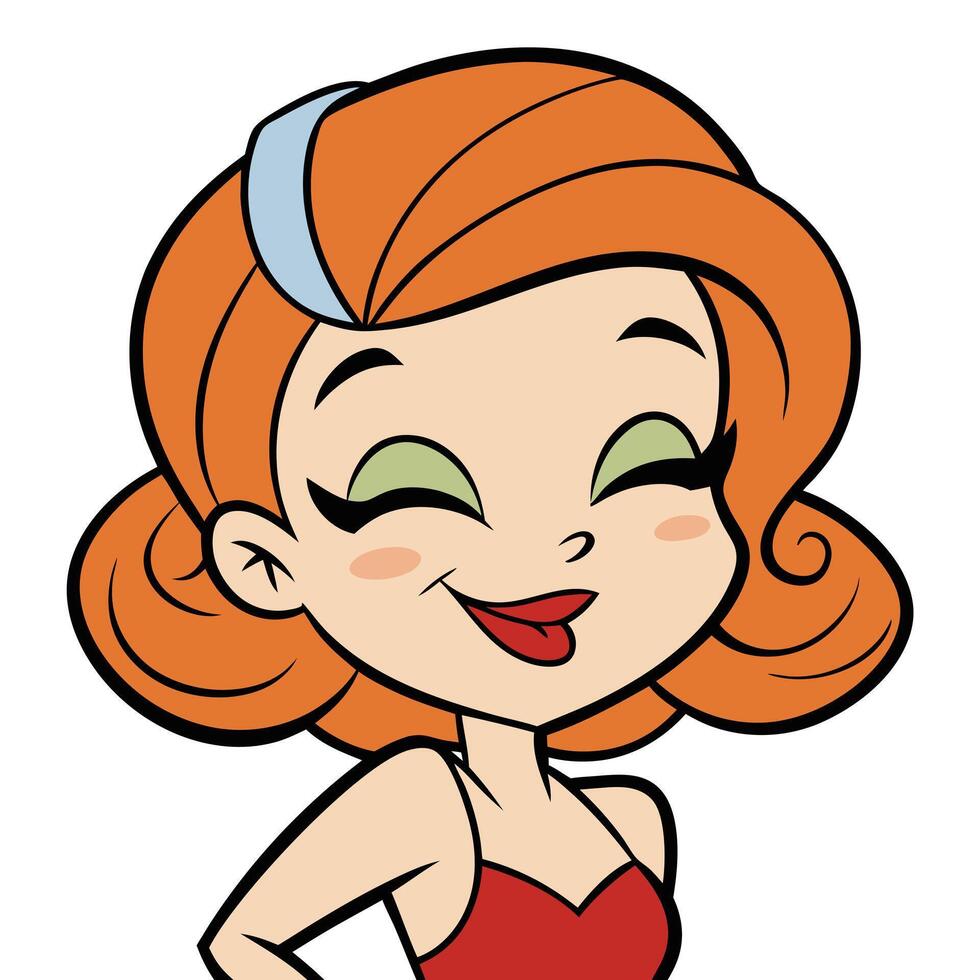 Cartoon woman with red hair smiling and eyes closed illustration vector