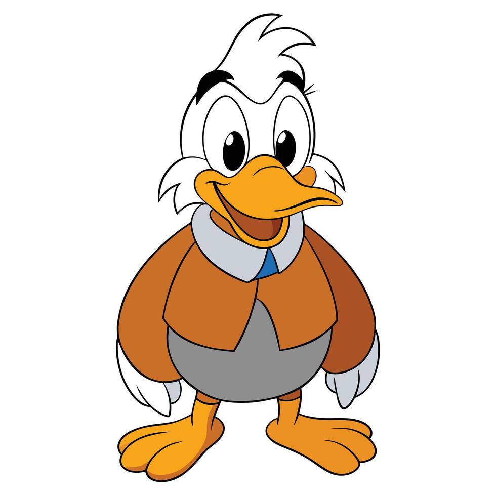 Cartoon duck character in jacket comic style illustration standing on white background vector