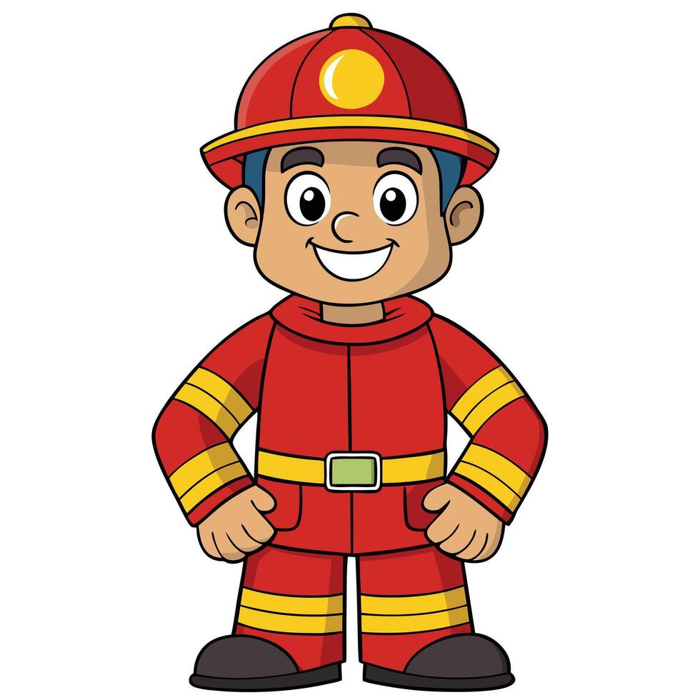 Smiling cartoon firefighter illustration in red and yellow uniform with helmet vector