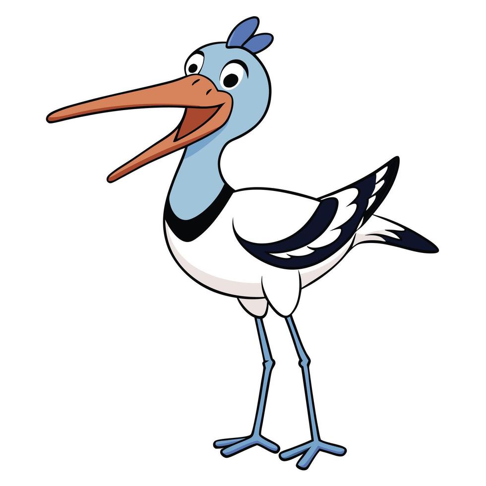 Cheerful cartoon stork standing tall with cute animation style illustration vector