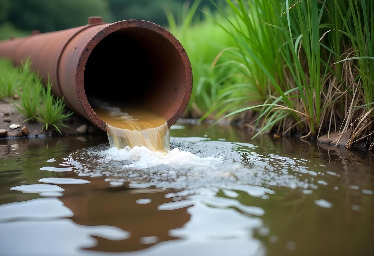 Polluted water flowing from drainage pipe into natural stream photo