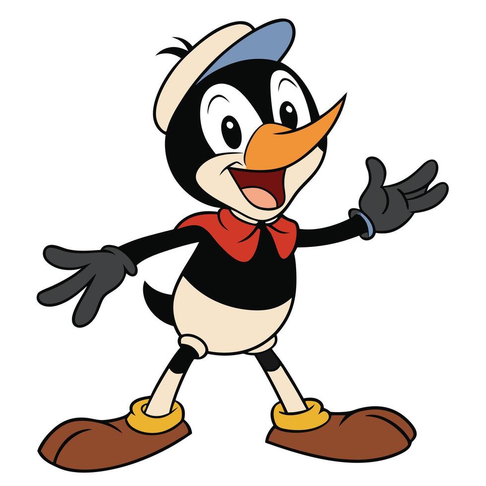 Vintage style cartoon penguin character smiling and waving its hands cheerfully illustration vector