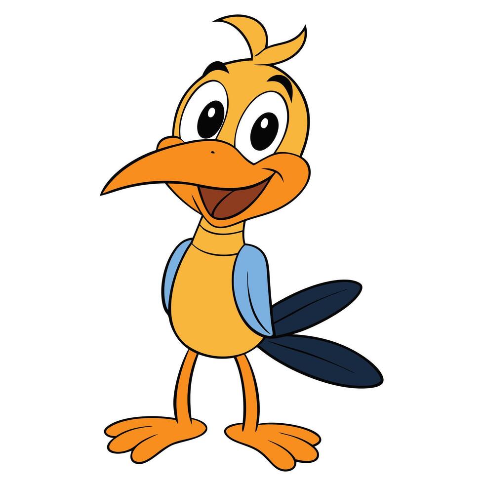 Cheerful cartoon roadrunner character with orange plumage and happy expression stands smiling vector