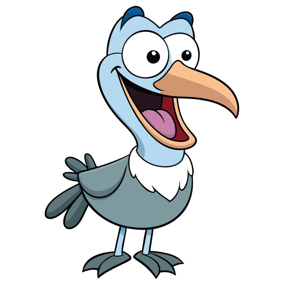 Funny cartoon pelican bird character illustration smiling wide open mouth vector