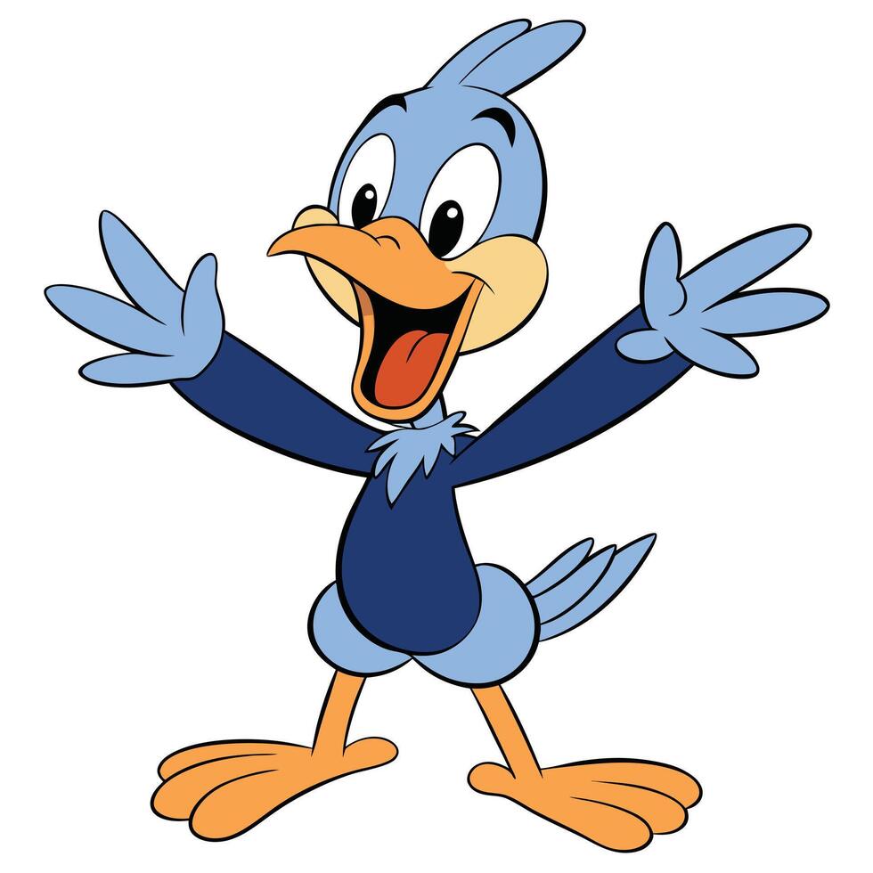 Happy blue cartoon bird with open arms illustration on white background vector