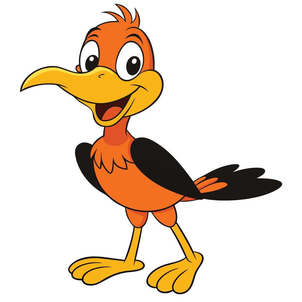 Cheerful cartoon bird mascot illustration with orange feathers and black wings vector