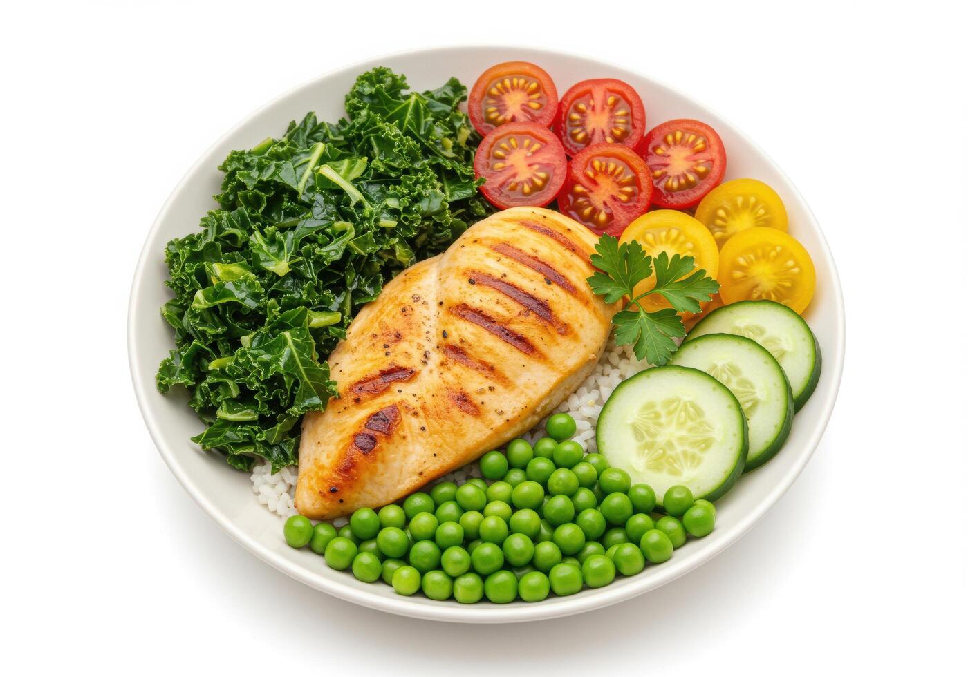 a bowl of food with chicken, vegetables and peas photo