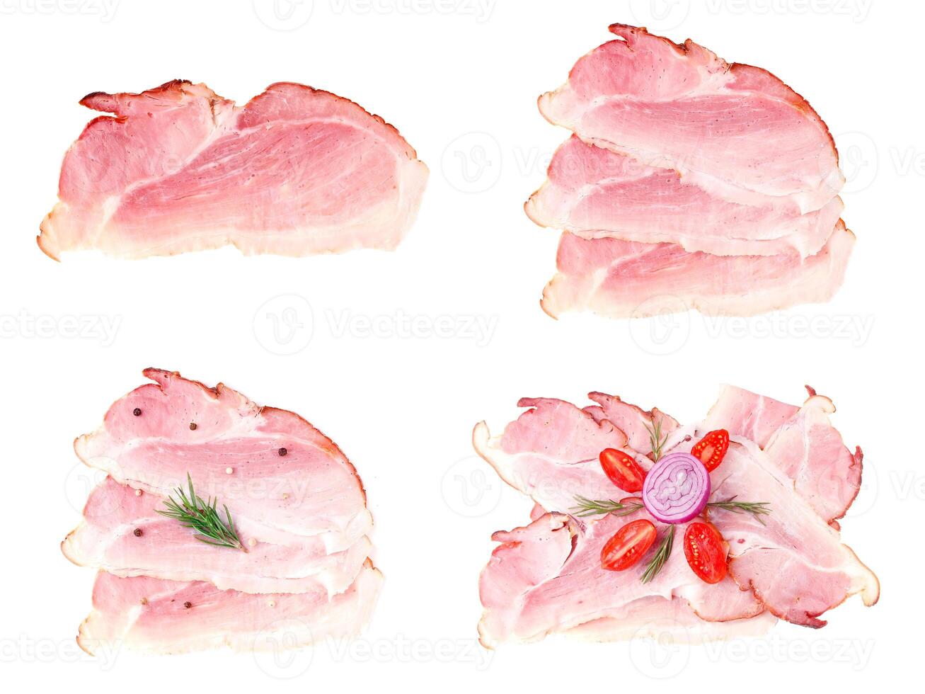 Raw smoke bacon strips set isolated on white background photo