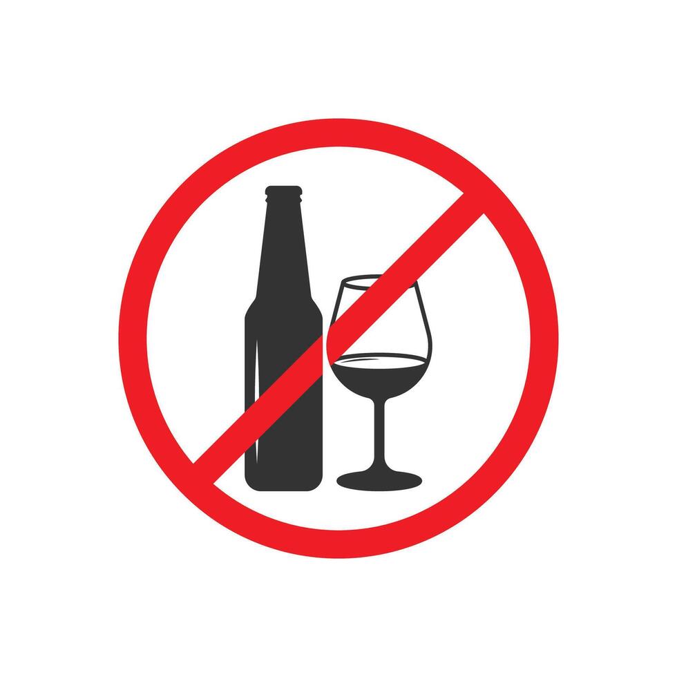 No alcohol sign related icon. Bottle of wine and glass in prohibitory sign. Isolated on white background. Editable illustration vector