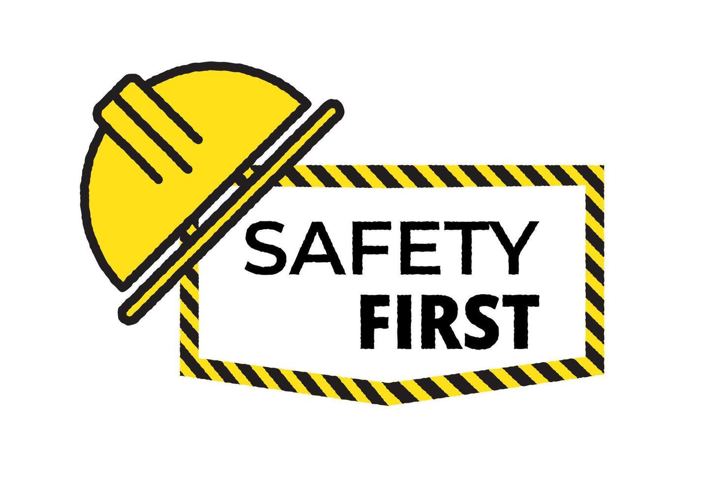 Safety first icon with caution sign and helmet. Construction for industrial protection, warning, and workplace security. vector