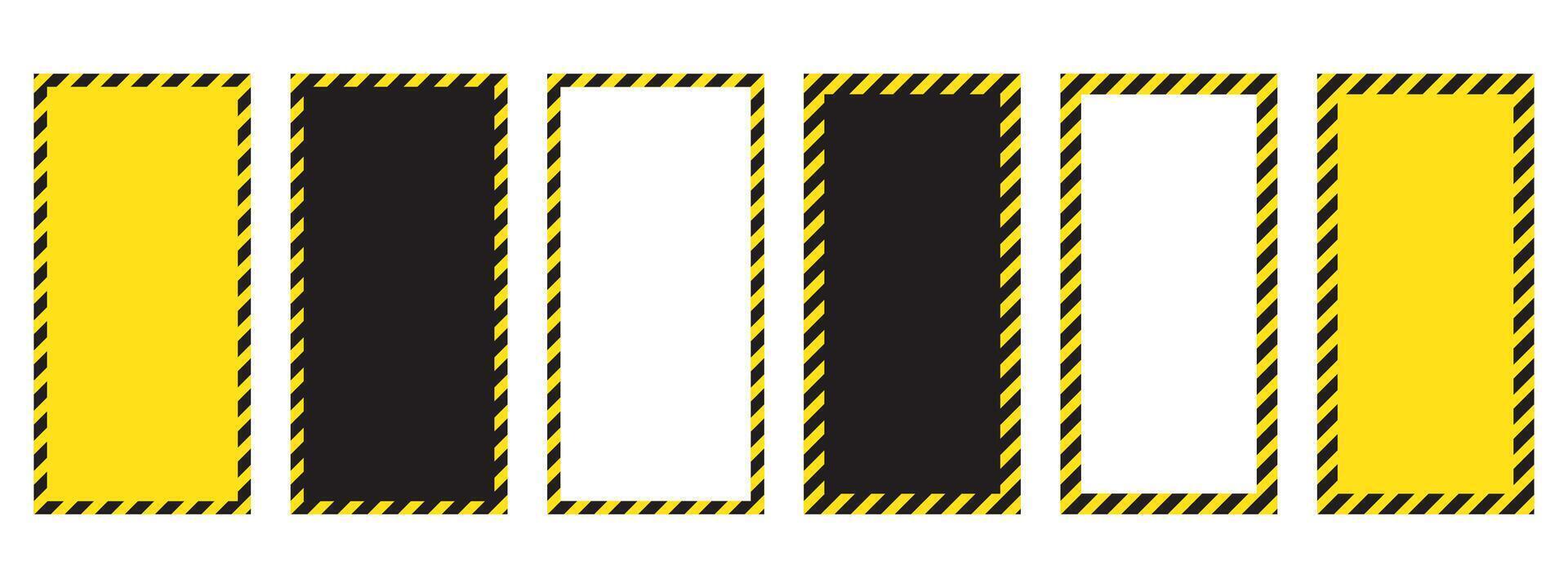 Set of vertical frames with warning tapes for safety signs. The striking yellow and black design is ideal for warning labels, construction notices and safety background images. vector