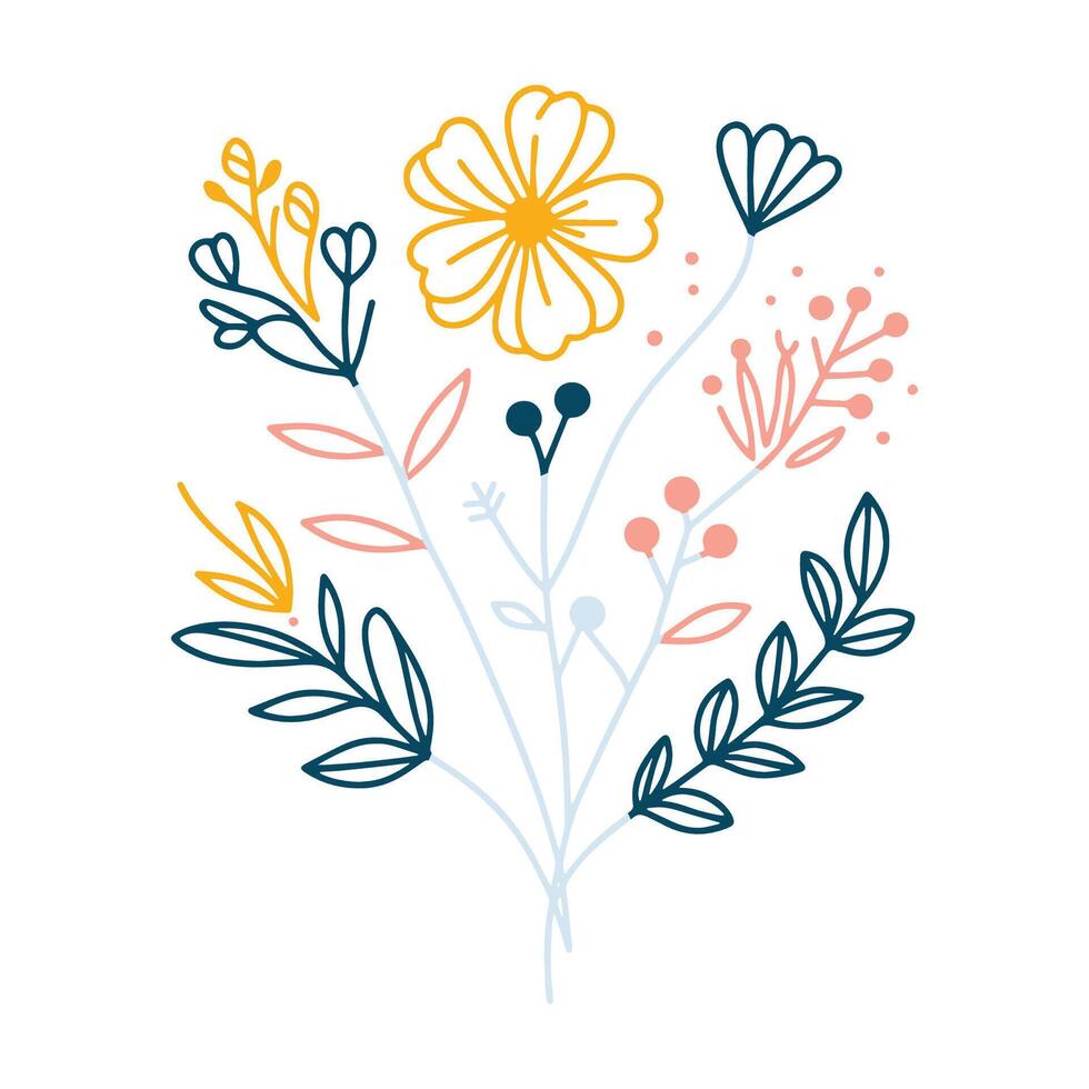 modern botanical sketch with abstract garden flowers and detailed leaves for fashionable textile and digital prints vector