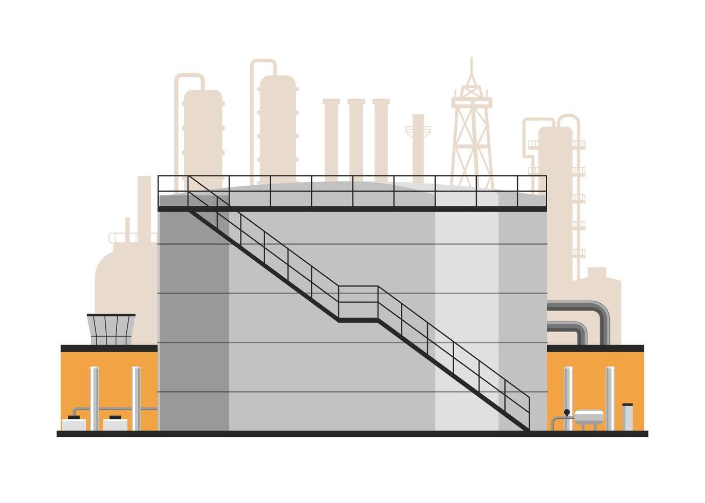 Oil storage tank with refinery illustration. oil and gas industry, energy production, and petrochemical infrastructure vector