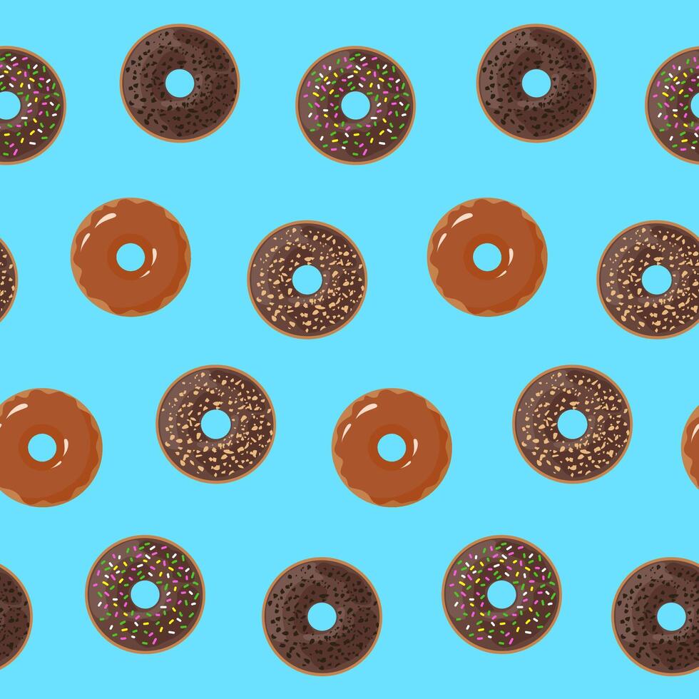 Square composition, Seamless pattern with yummy chocolate donuts on blue background. vector