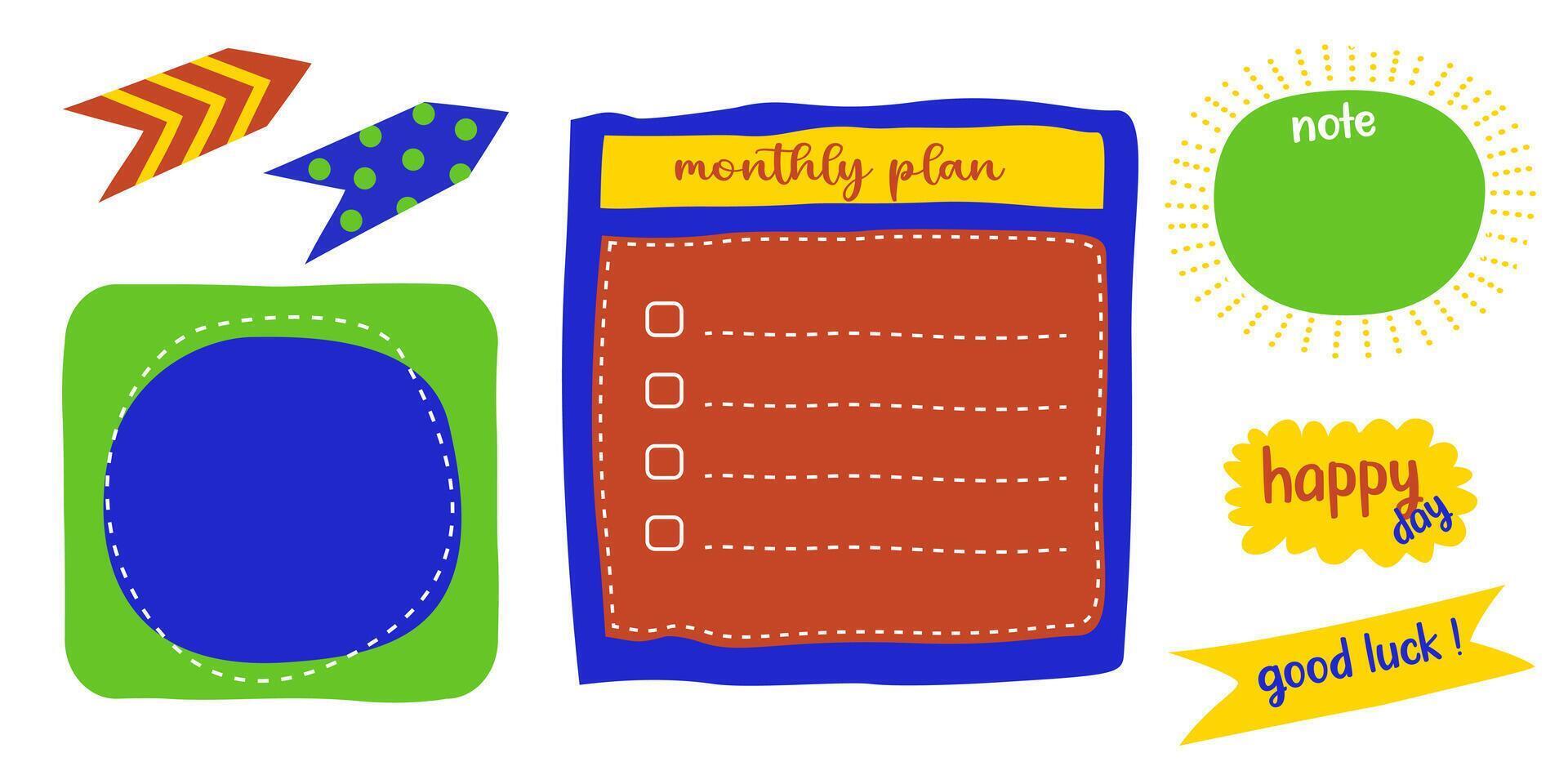 Set of vibrant color memo paper sheets, sticky note, reminder, to do list, to buy list, schedule. Templates for notebooks, planners. vector