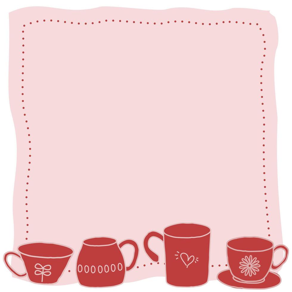 Tea and Coffee Cups Frame. Tea Party Doodle border on pink Background. vector