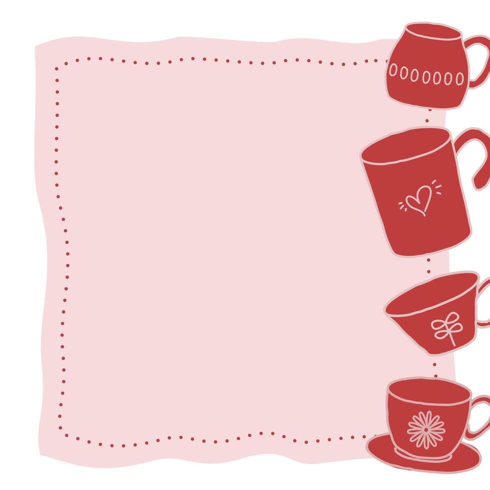 Tea and Coffee Cups Frame. Tea Party Doodle border Background vector