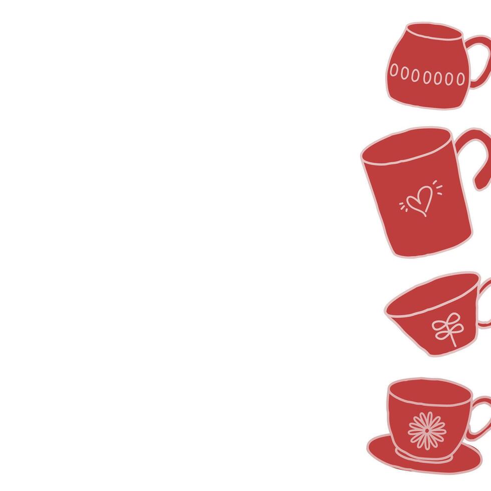 Tea and Coffee Cups Frame. Tea Party Doodle border on white Background. vector