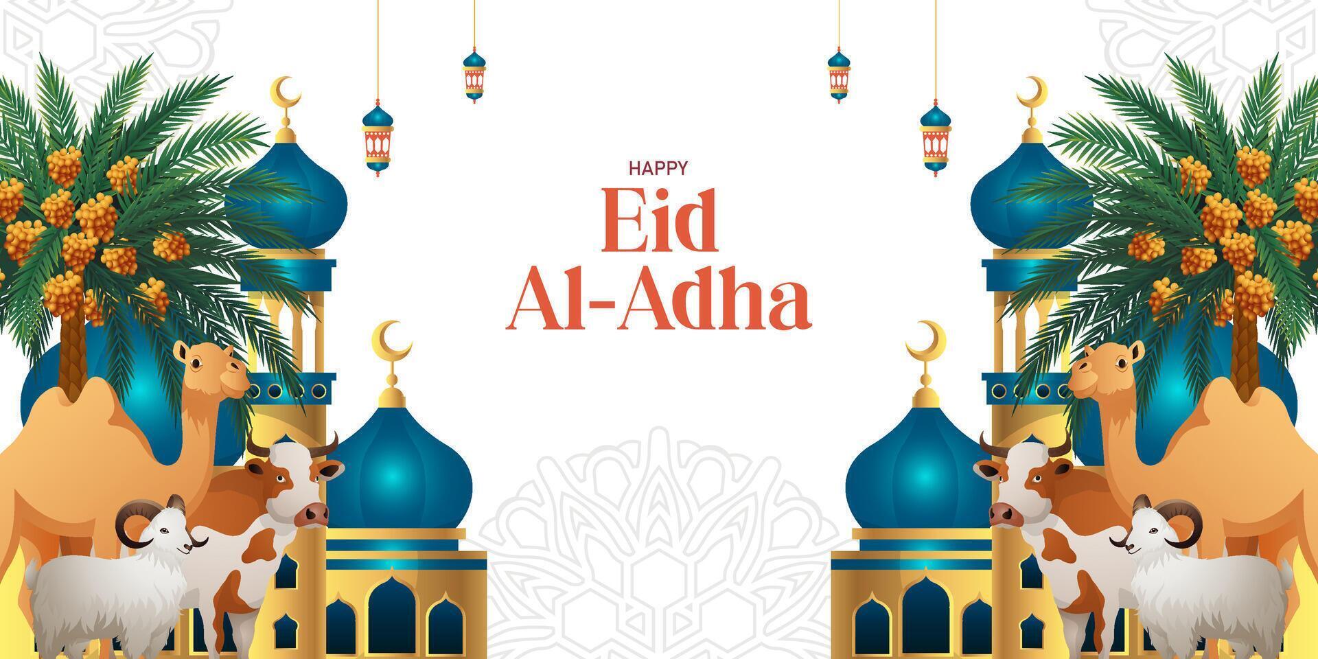 happy eid al-adha background with illustration of camel, cow, sheep and mosque background vector