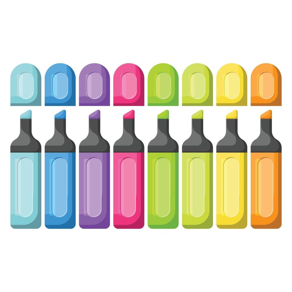 A set of colourful highlighter markers pens with caps off. Elements of drawing tools. vector