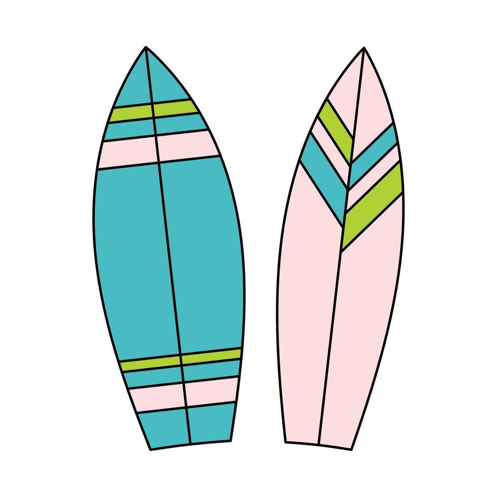 The illustration depicts two stylized surfers standing side by side in blue and blue tones with horizontal stripes. vector