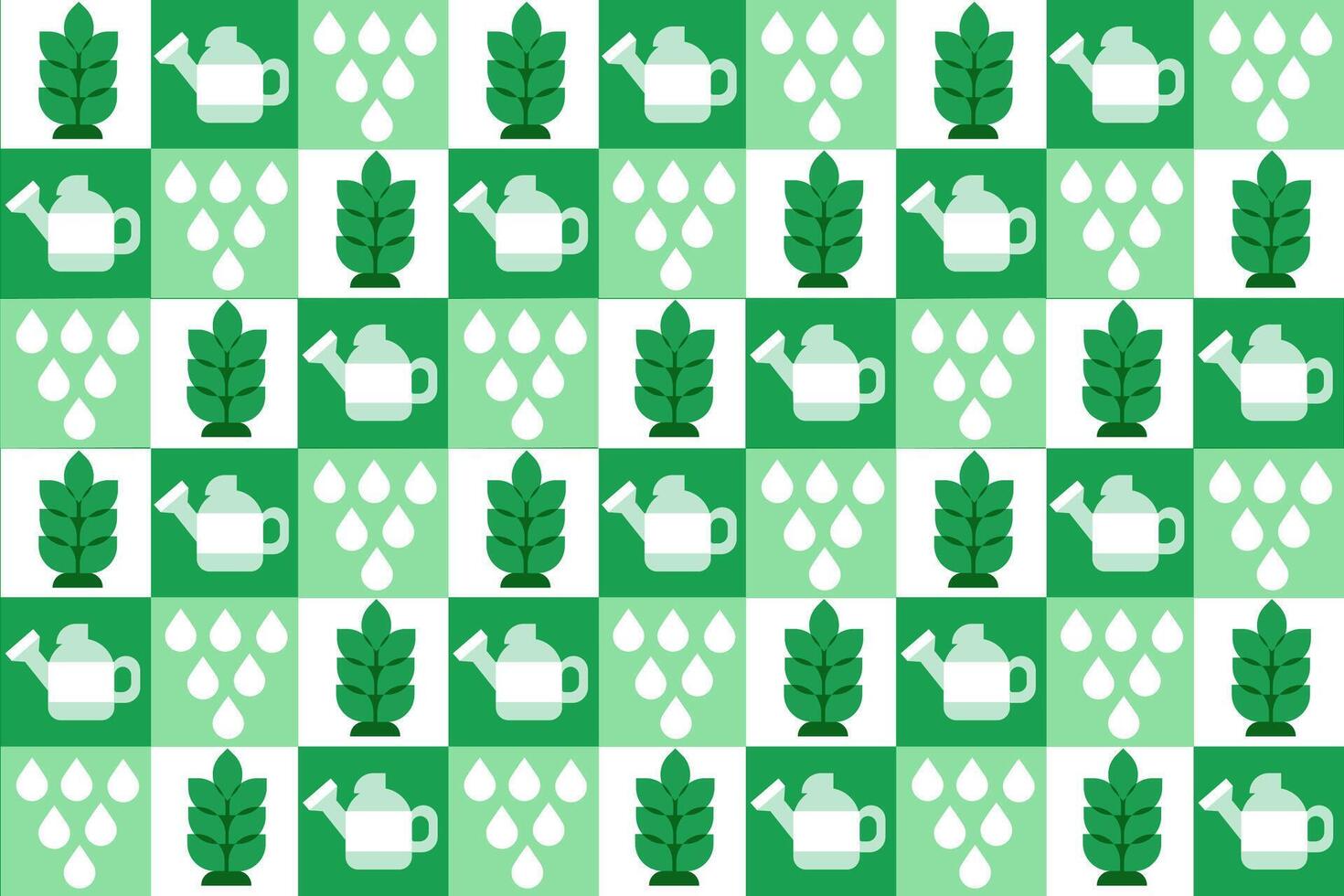 Abstract seamless pattern with gardening tools and plants inside green and white squares suitable for creating backgrounds, packaging, flyers, leaflets or web materials. vector