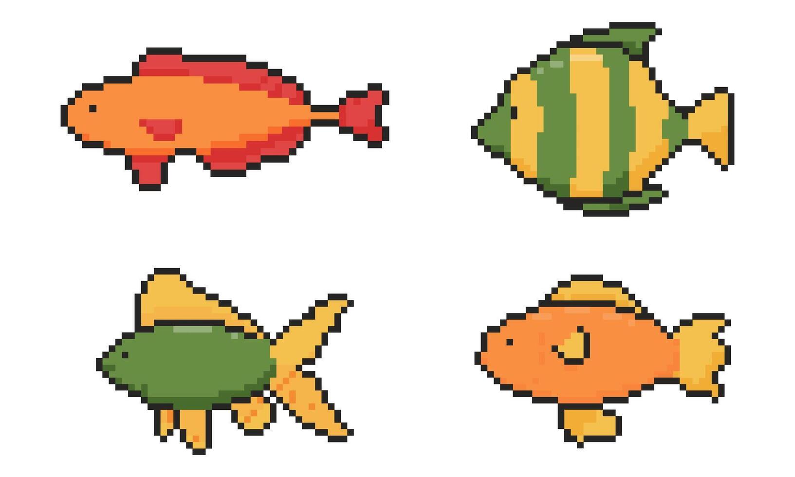 Aquarium fish icon set. Pixel art objects in 8 bit style. Isolated illustration. vector