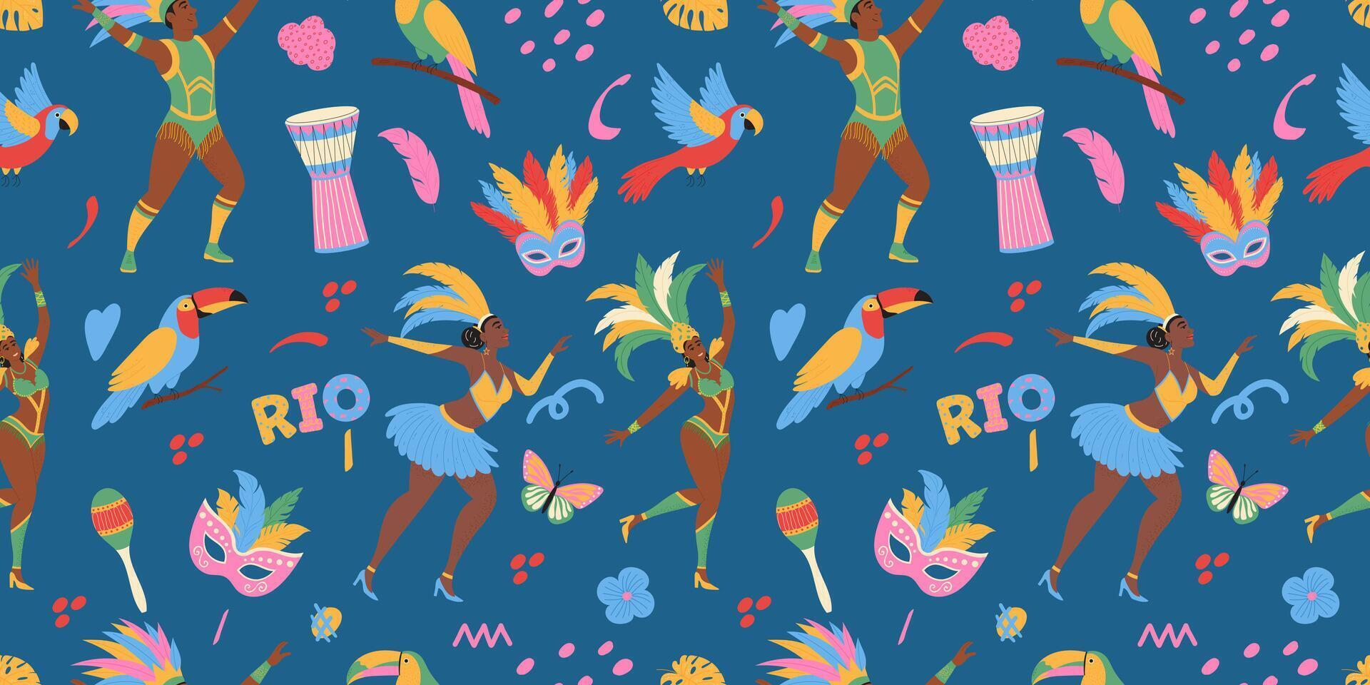 Traditional Brazil carnival. Seamless pattern with masks, bird, dancing people, doodle elements. vector