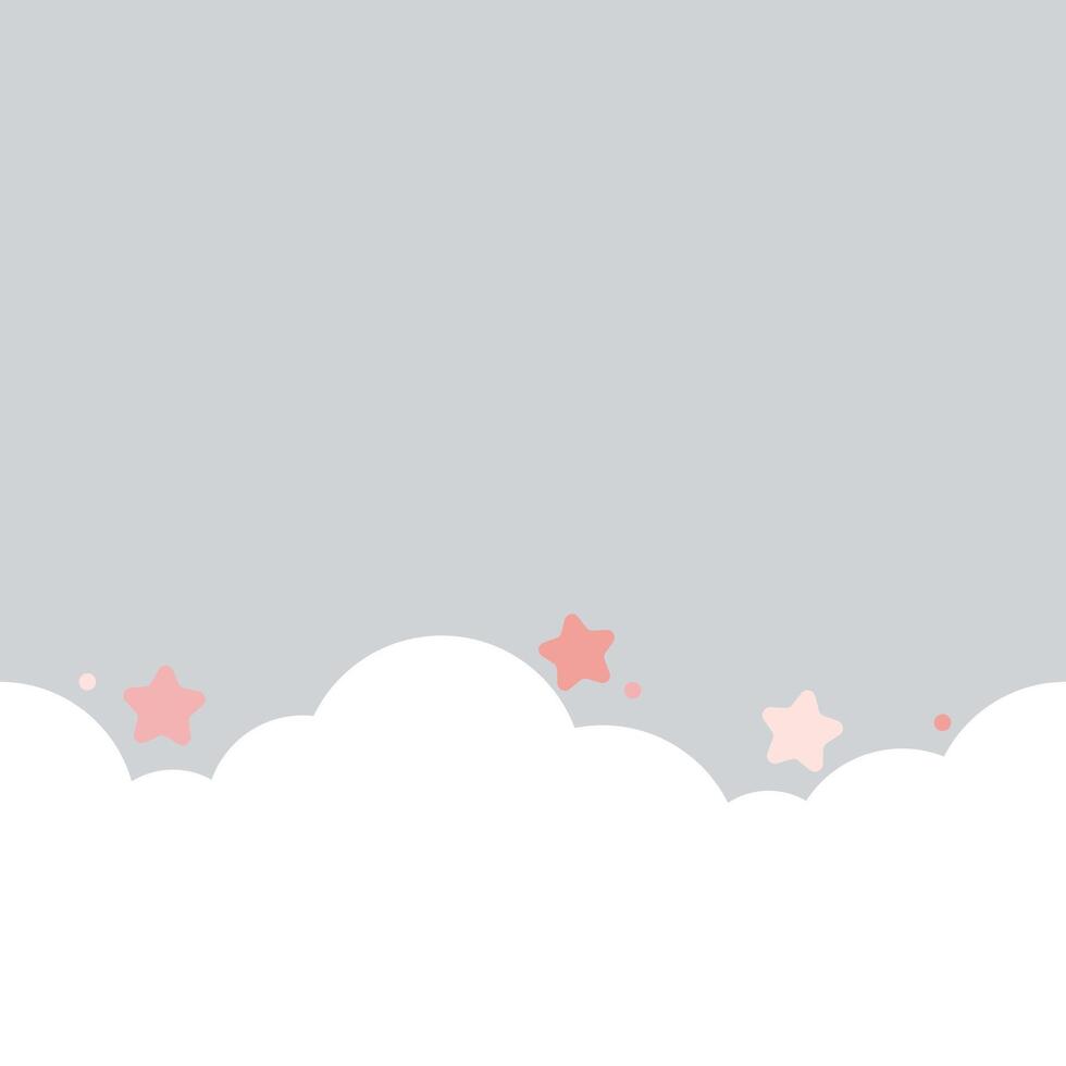 Cute white cloud and pink stars on pastel grey bottom border seamless pattern background. vector