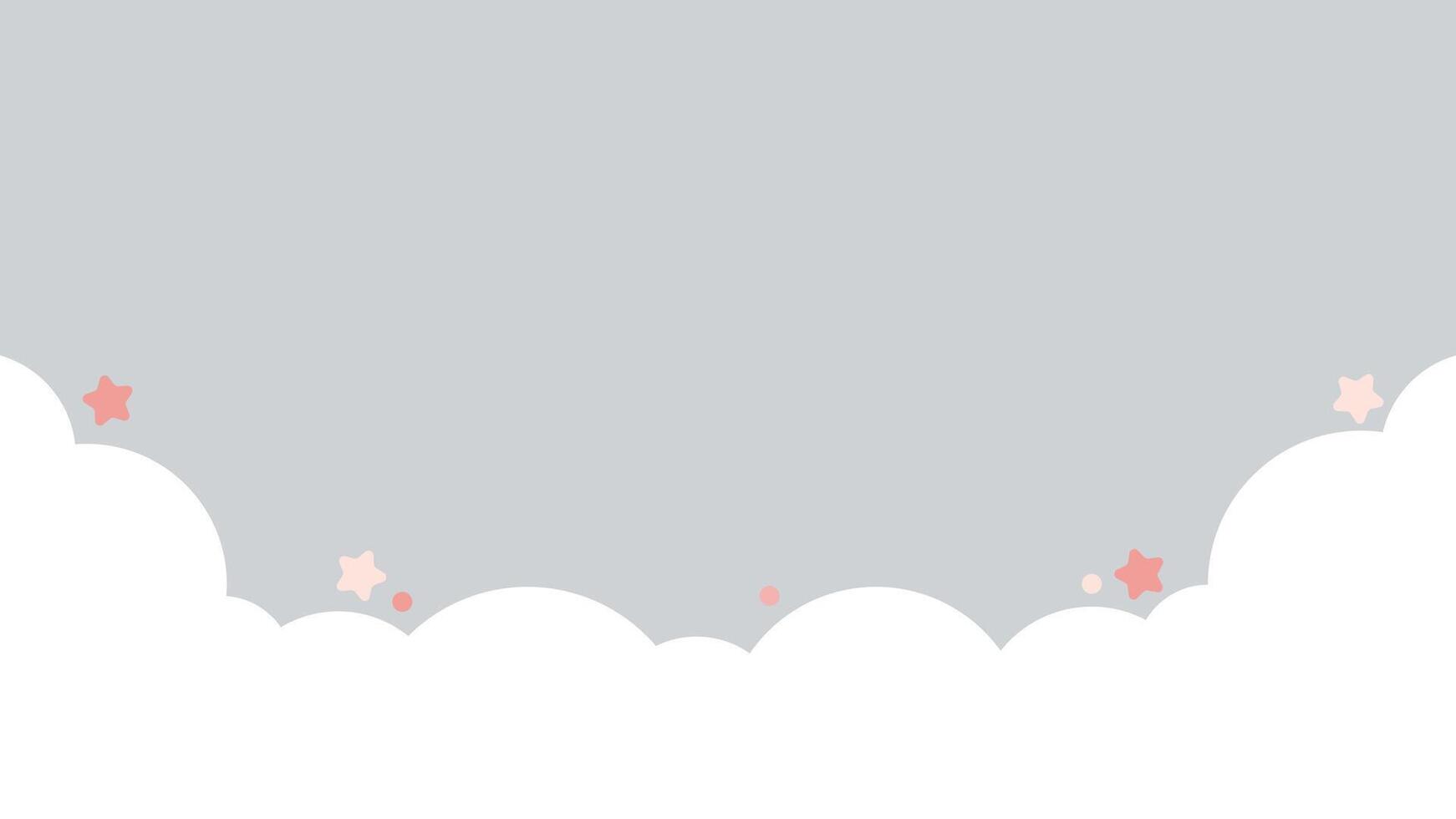 Cute white cloud and pink stars on pastel grey bottom border background. vector