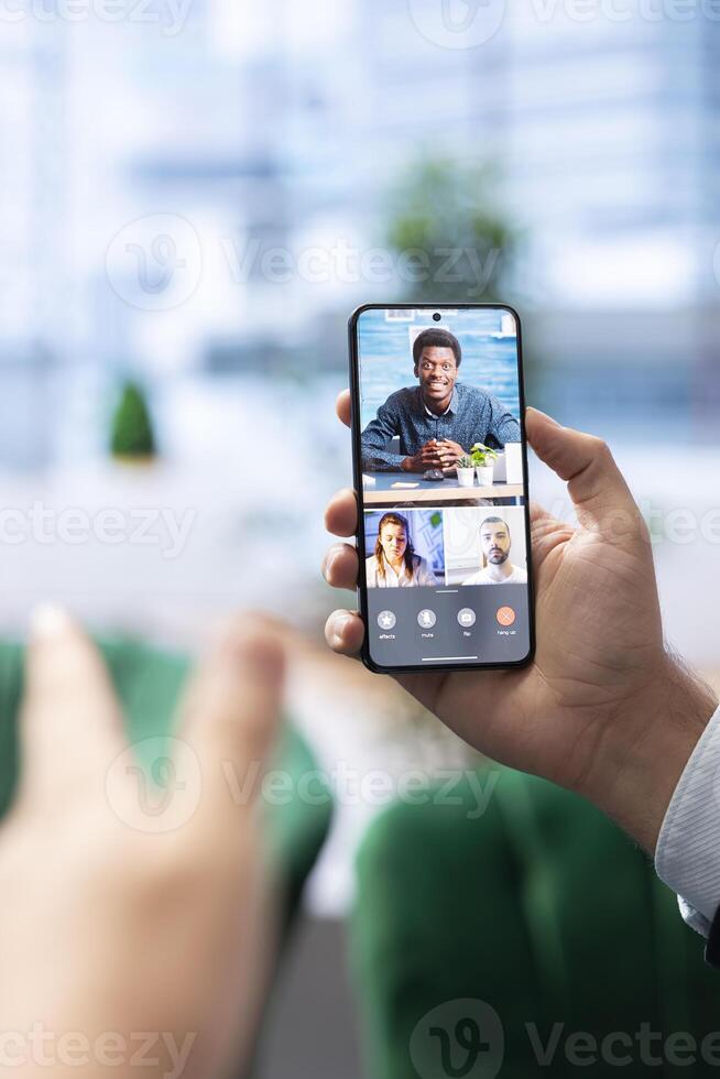 General manager addressing corporate social responsibility on internet call, discussing about the importance of ethical practices and sustainability. Advisory board briefing meeting. photo