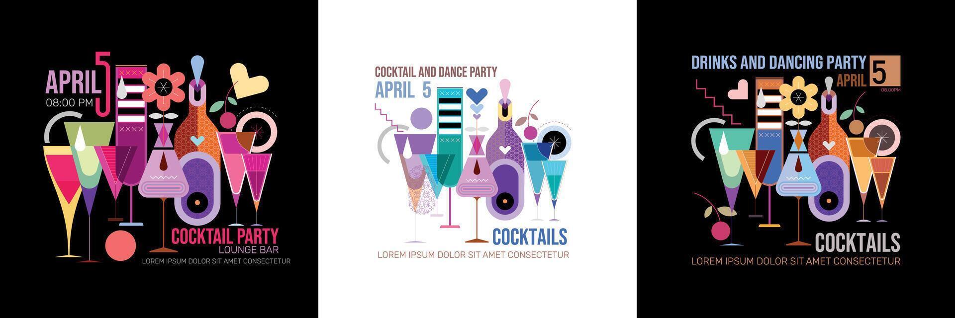Three options of a Cocktail Party poster designturing a modern cocktail composition isolated on a white and on a black backgrounds. vector