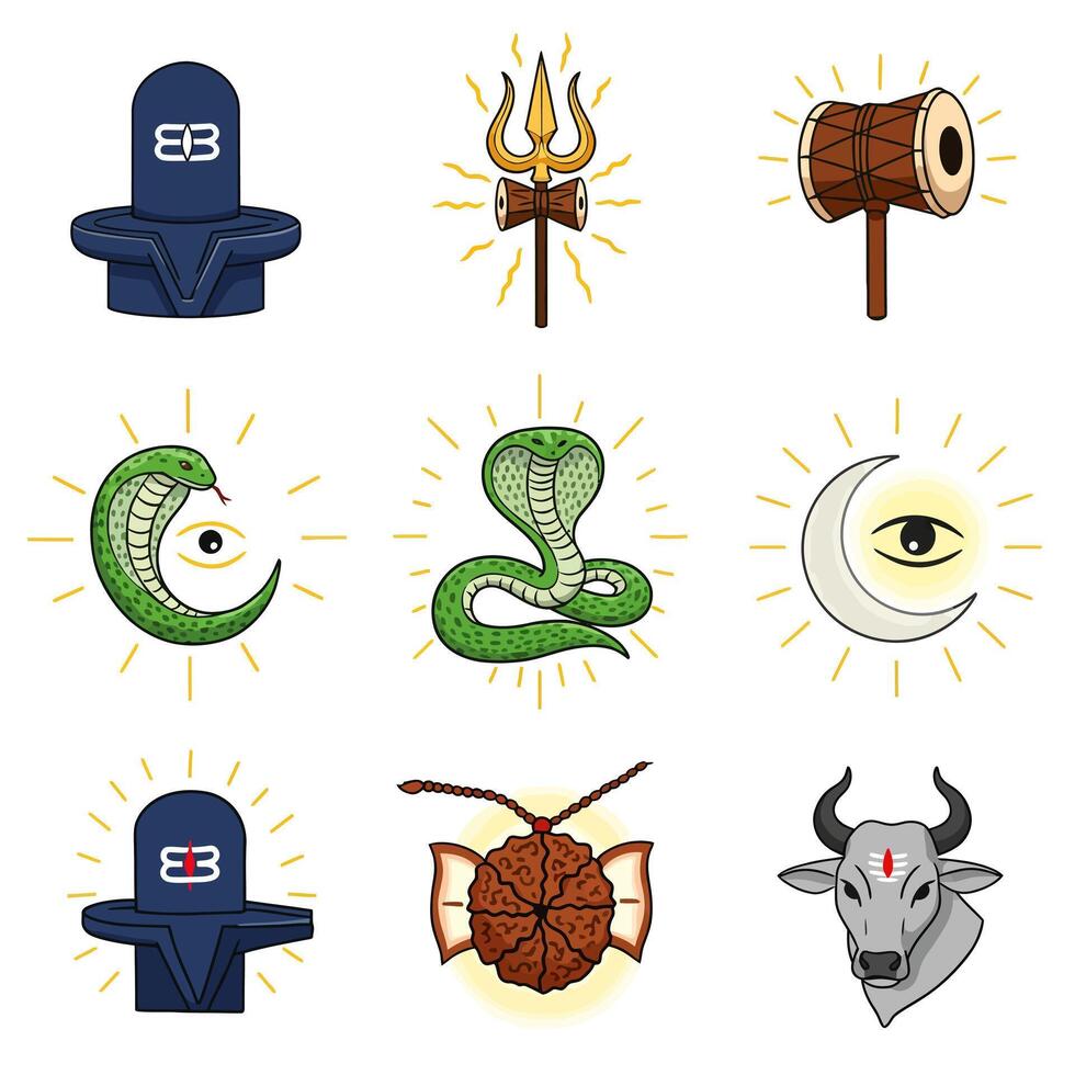 Hindu Gods Icons Shiva with Trishul, Damaru, and Cobra. vector