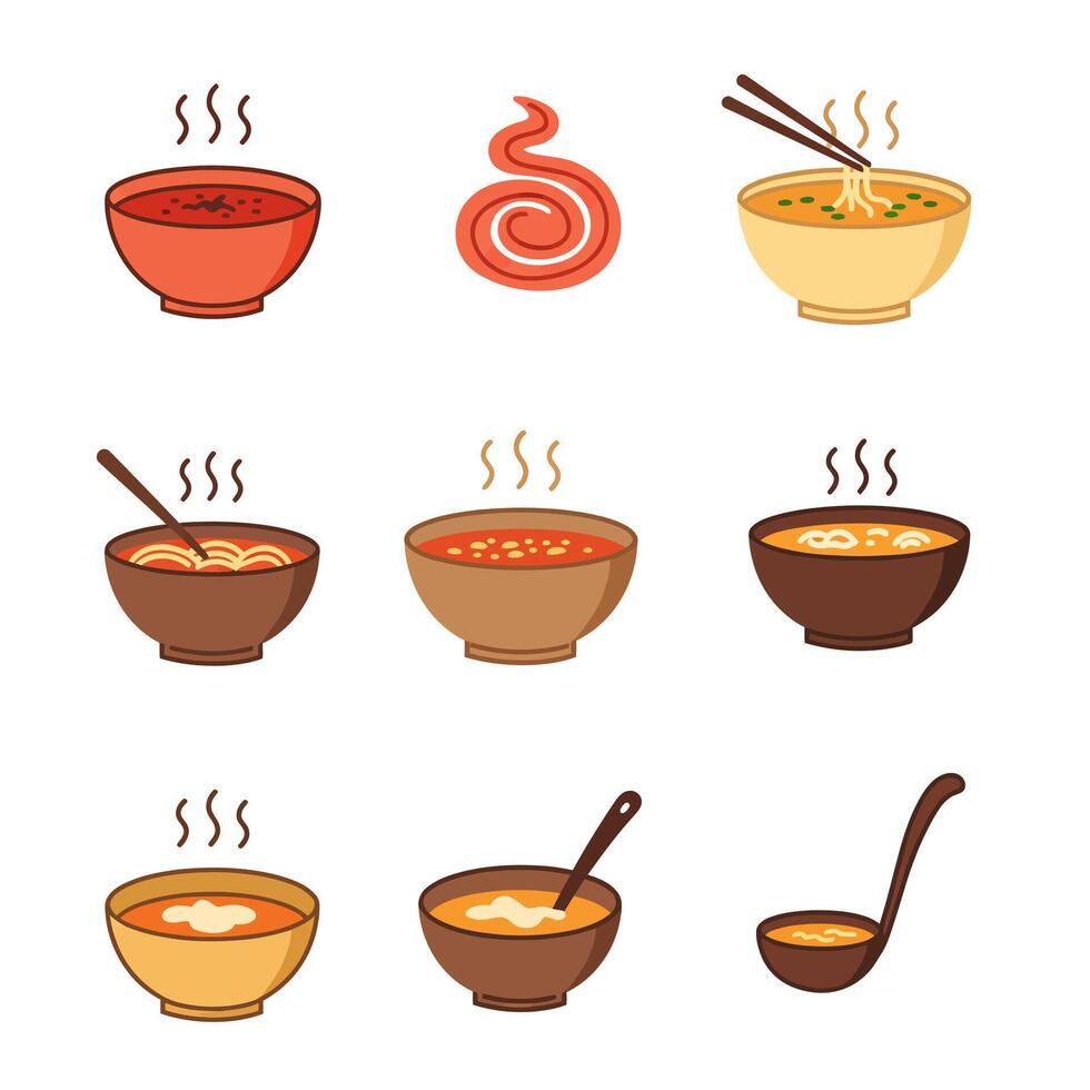 Soup Icons Asian Noodle with Tomato, Cream, and . vector