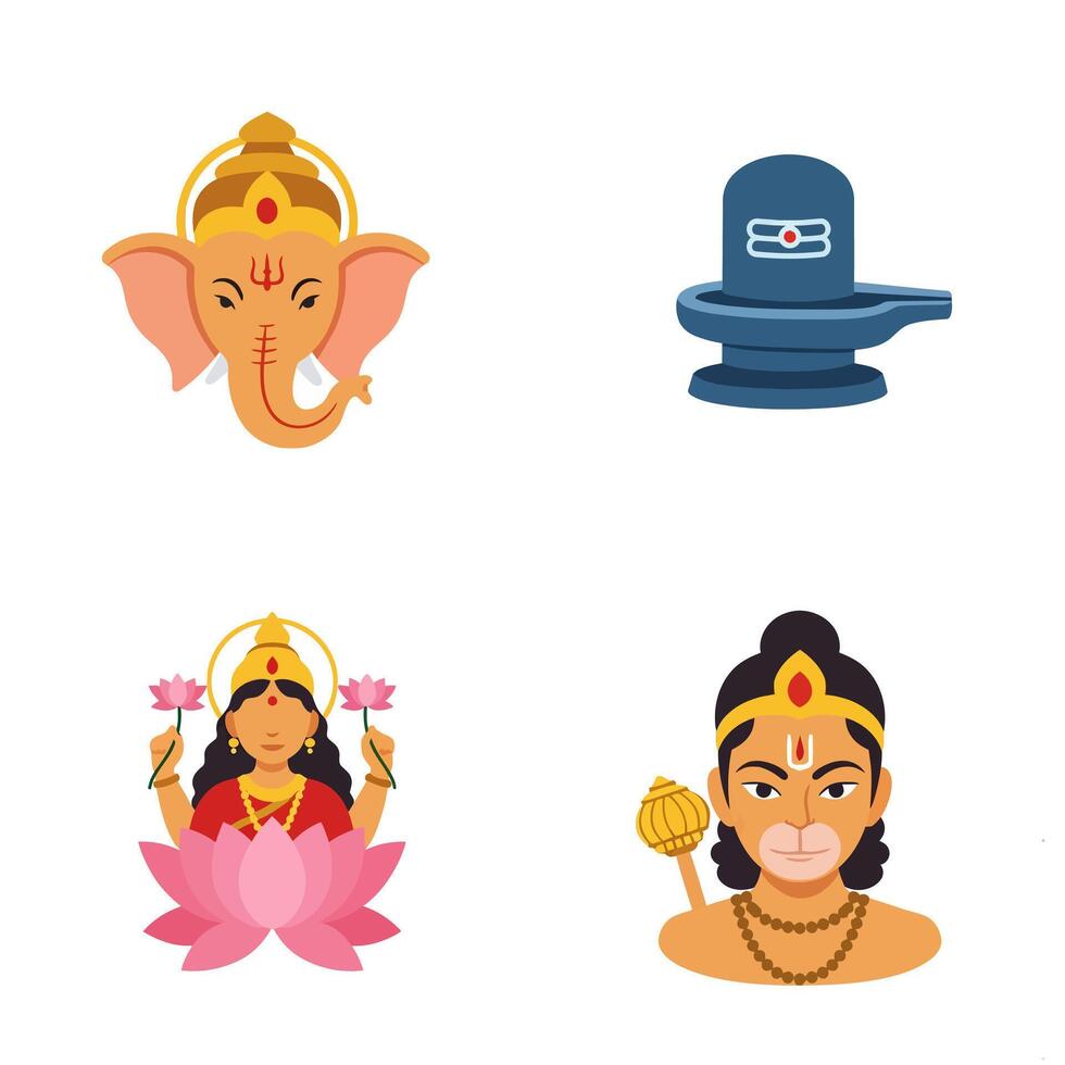 Hindu Gods Icons Ganesh with Shiva, Lakshmi, and Hanuman. vector