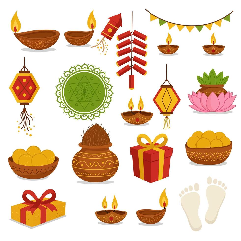 Diwali Festival Icons Lights with Gifts, and Sweets. vector