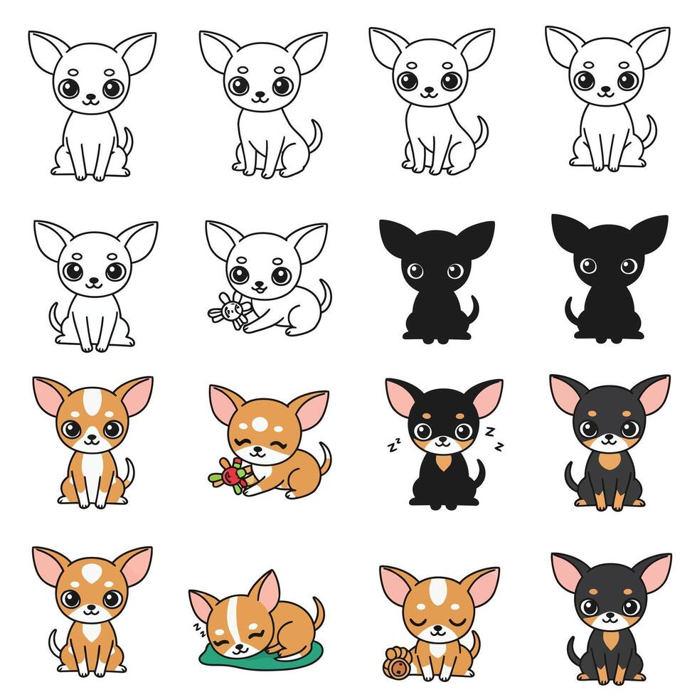 Cute Chihuahua Cartoon Drawing Set. vector