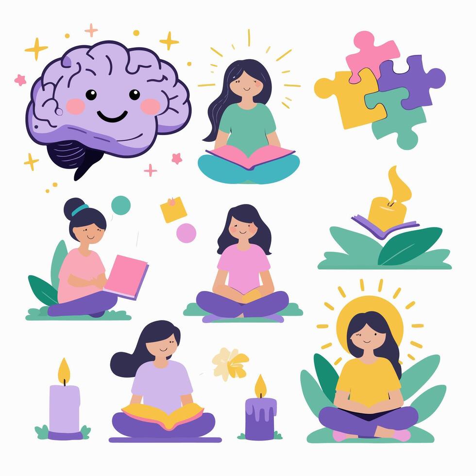 Mindfulness Meditation with Brain, Yoga, and Wellness. vector