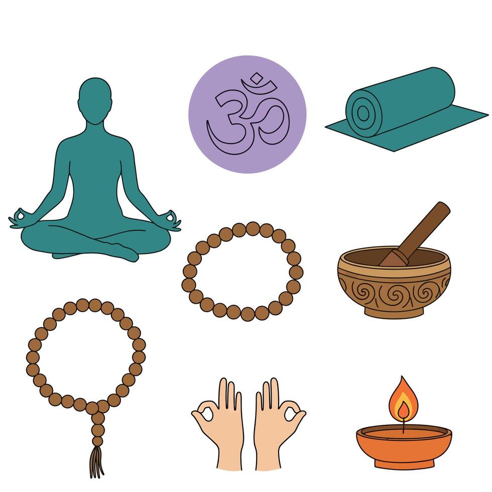 Yoga Icons Meditation with Om, Mat, Beads, and Wellness. vector