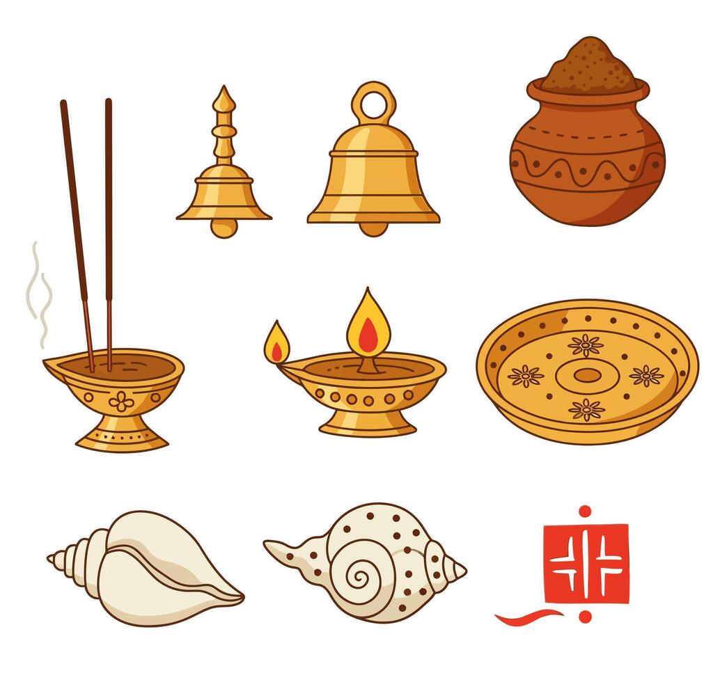Indian Puja Ritual Items Bells with Incense, and Diya. vector