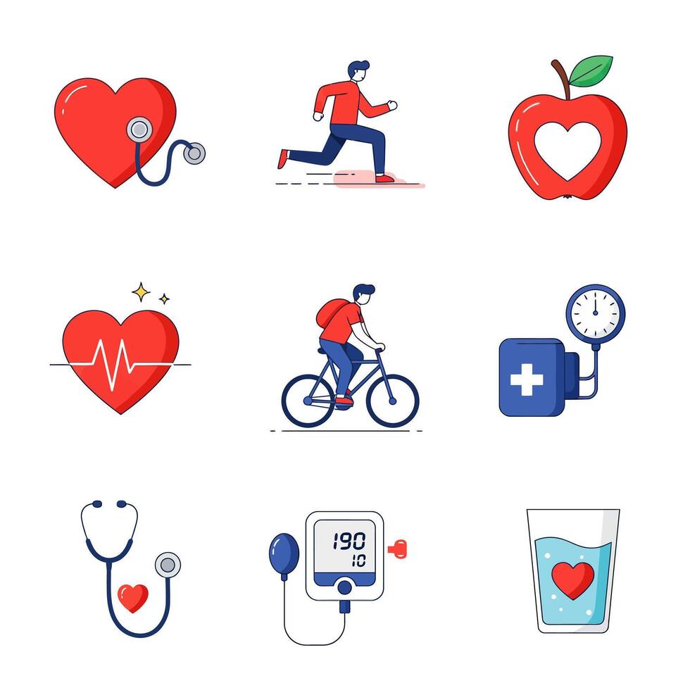 Healthcare Icons Set Heart with Sport, Diet, and Meds. vector