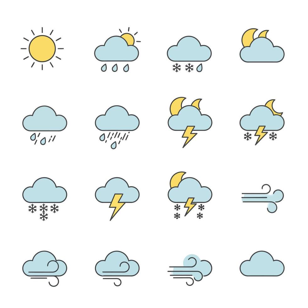 Weather Icons Sunny with Rainy, Snowy, Windy, and Cloud. vector