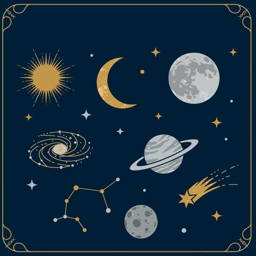 Celestial Galaxy Sun with Moon, Stars, and Planets. vector
