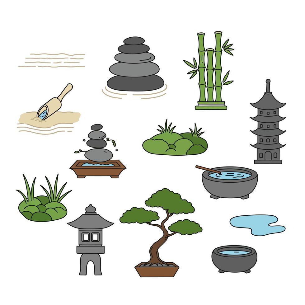 Zen Garden Icons Japanese Landscape Design Elements. vector