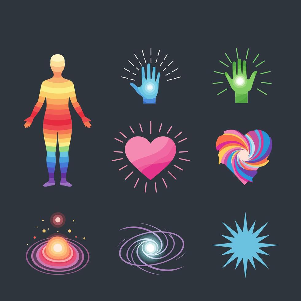 Rainbow Chakra Icons Energy Healing Symbols. vector